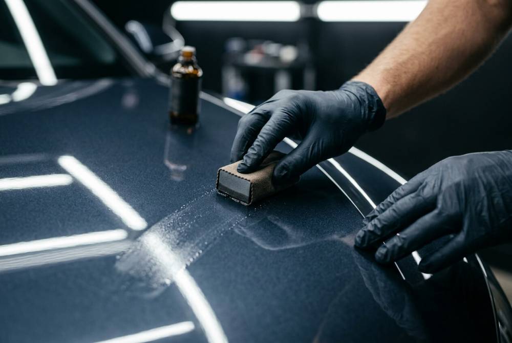 Application manuelle d'un traitement céramique de protection sur une carrosserie automobile brillante